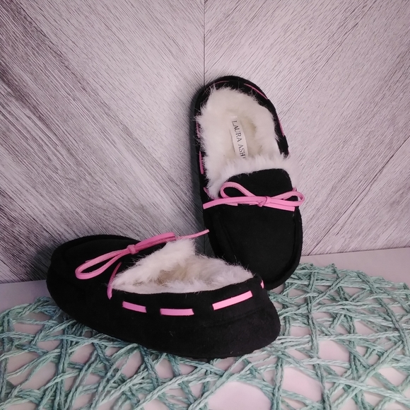 Laura Ashley Toddler Black/Pink Moccasin Slippers Sz;Small (11-12) Girl - Picture 2 of 7
